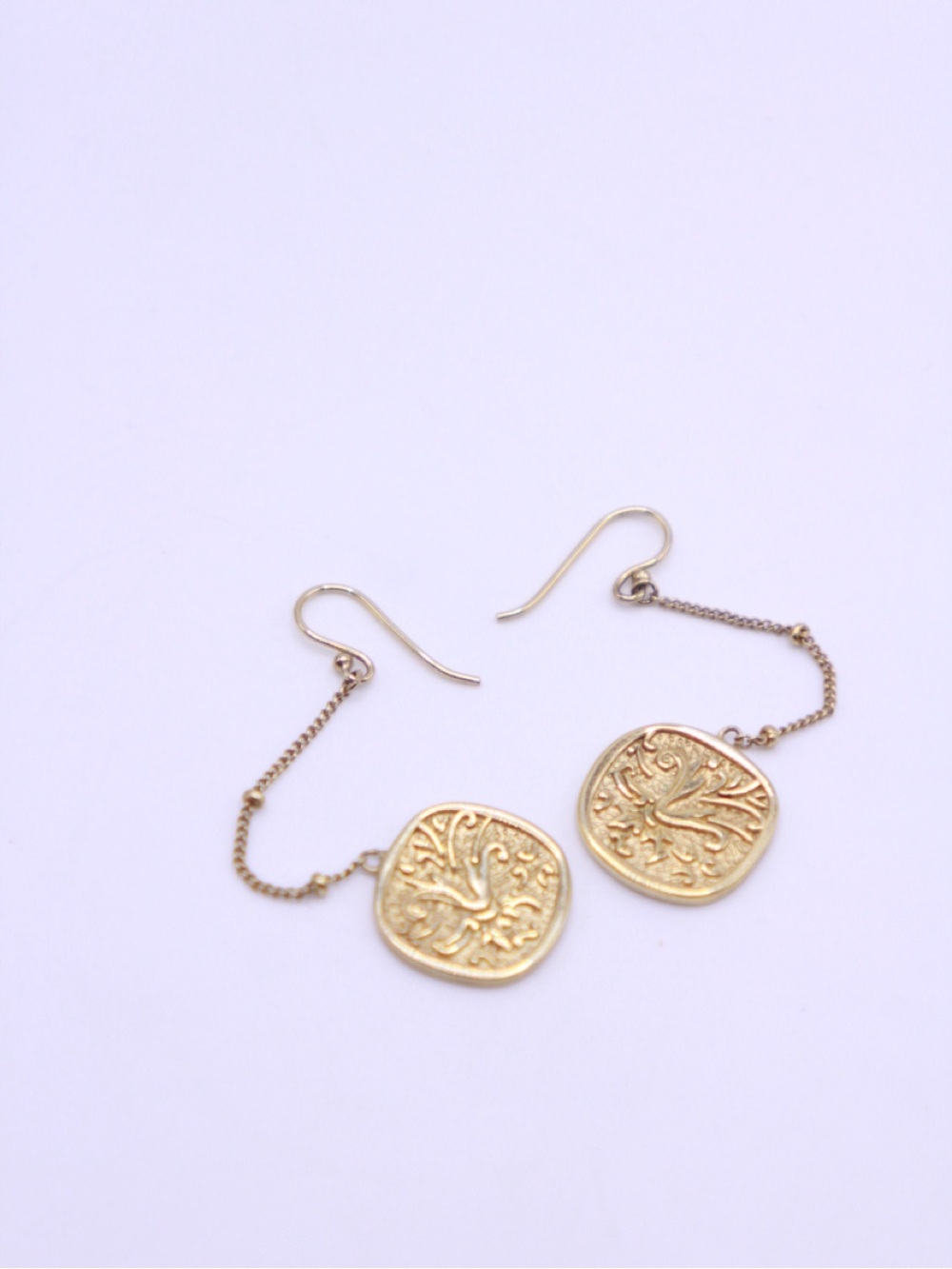 Gold tone textured Design Disc Drop Earrings